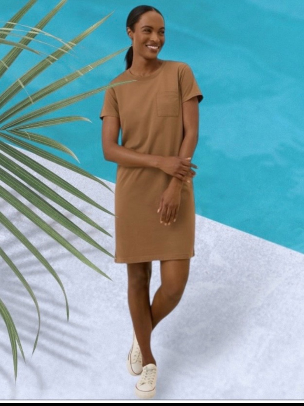 PACT SIZE MEDIUM 100% ORGANIC COTTON SOFTSPUN KNIT TEE DRESS IN BROWN SUGAR